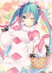  1girl animal_ears basket blue_eyes blue_hair cosplay covered_navel earrings easter easter_bunny easter_bunny_(cosplay) easter_egg egg hair_between_eyes hatsune_miku jewelry long_hair looking_at_viewer one_eye_closed rabbit_ears shiomizu_(swat) smile solo twintails very_long_hair vocaloid 