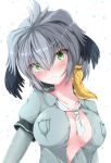  1girl belt between_breasts bird bird_wings black_hair blush breast_pocket breasts cleavage feathered_wings green_eyes grey_hair grey_shirt grey_shorts head_wings highres kemono_friends large_breasts long_hair looking_at_viewer low_ponytail muki_(munikichan) multicolored_hair necktie necktie_between_breasts no_bra open_clothes open_shirt orange_hair pocket shirt shoebill shoebill_(kemono_friends) shorts side_ponytail silver_hair solo staring tsurime white_neckwear wings 