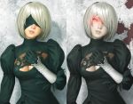  1girl black_dress black_hairband blindfold breasts cleavage_cutout dress feather-trimmed_sleeves glowing glowing_eyes hairband looking_at_viewer mole mole_under_mouth nier_(series) nier_automata pale_skin parted_lips red_eyes short_hair silver_hair upper_body watanabe_yasuaki yorha_no._2_type_b 