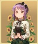  1girl absurdres black_bow blush bow closed_mouth eyebrows_visible_through_hair flower hairband hands_clasped highres idolmaster idolmaster_million_live! kamille_(vcx68) long_sleeves looking_at_viewer makabe_mizuki own_hands_together purple_hair rose short_hair smile solo sunflower upper_body yellow_eyes 