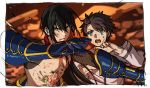  2boys 2girls :o black_hair blood blood_on_face blue_eyes blurry blurry_background brown_hair commentary_request depth_of_field fate/grand_order fate_(series) frown fujimaru_ritsuka_(male) gauntlets green_eyes hand_up long_hair long_sleeves looking_at_viewer mi_(pic52pic) multiple_boys multiple_girls open_mouth ponytail shirtless sweatdrop tattoo yan_qing_(fate/grand_order) 