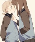  2girls aki_(girls_und_panzer) bangs blue_jacket blue_skirt blush brown_hair commentary eyebrows_visible_through_hair from_side girls_und_panzer green_eyes hair_tie hand_in_pocket jacket keizoku_military_uniform light_brown_hair light_frown long_hair long_sleeves looking_at_another mika_(girls_und_panzer) military military_uniform multiple_girls no_hat no_headwear ntnt_39 open_mouth parted_lips pleated_skirt raglan_sleeves short_hair short_twintails skirt standing track_jacket twintails uniform upper_body yellow_background yuri 
