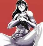  1girl abs black_hair breasts cleavage enaq eyepatch greyscale highres jormungand large_breasts long_hair monochrome muscle muscular_female navel shirt_lift simple_background sitting sofia_valmer solo tank_top 