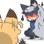  2girls anger_vein animal_ears blonde_hair blush_stickers chibi ezo_red_fox_(kemono_friends) fox_ears glowing glowing_eyes grey_hair hitodama kemono_friends long_hair lowres multiple_girls silver_fox_(kemono_friends) simple_background trembling white_background 