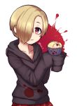  1girl blonde_hair blood bloody_clothes blush collarbone cupcake food hair_over_one_eye happy_birthday highres hood hoodie idolmaster idolmaster_cinderella_girls jacy looking_at_viewer parted_lips red_eyes red_skirt shirasaka_koume short_hair skirt sleeves_past_wrists smile solo teeth twitter_username 