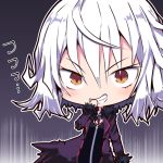  1girl :d bangs beni_shake black_dress black_jacket blush brown_eyes chibi commentary_request dress eyebrows_visible_through_hair fate/grand_order fate_(series) fur-trimmed_jacket fur-trimmed_sleeves fur_trim grin hair_between_eyes hand_to_own_mouth jacket jeanne_d&#039;arc_(alter)_(fate) jeanne_d&#039;arc_(fate)_(all) long_sleeves lowres open_clothes open_jacket open_mouth silver_hair smile solo translation_request wicked_dragon_witch_ver._shinjuku_1999 