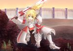  1girl absurdres armor banner blonde_hair braid breastplate clarent fate/apocrypha fate/grand_order fate_(series) fighting_stance french_braid green_eyes highres inaroinaroi mordred_(fate) mordred_(fate)_(all) one_knee over_shoulder ponytail scrunchie sword sword_over_shoulder wall weapon weapon_over_shoulder 