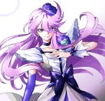  1girl black_bow black_neckwear blue_eyes bow brooch choker closed_mouth cure_moonlight dress earrings elbow_gloves flower gloves hair_flower hair_ornament heartcatch_precure! jewelry long_hair looking_at_viewer magical_girl precure purple_flower purple_gloves purple_hair purple_rose rose simple_background single_elbow_glove solo tsukikage_oyama tsukikage_yuri upper_body white_background wrist_cuffs 