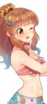  1girl blush breasts brown_eyes brown_hair cleavage collarbone eyebrows_visible_through_hair flower from_side hair_flower hair_ornament idolmaster idolmaster_cinderella_girls kamille_(vcx68) large_breasts looking_away moroboshi_kirari navel one_eye_closed open_mouth seashell seashell_hair_ornament shell smile solo starfish starfish_hair_ornament sunflower sunflower_hair_ornament upper_body 