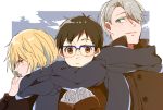  3boys black_hair blonde_hair blue-framed_eyewear blue_eyes brown_eyes coat glasses green_eyes hair_over_one_eye katsuki_yuuri kyouna male_focus multiple_boys scarf shared_scarf silver_hair smile upper_body viktor_nikiforov yuri!!!_on_ice yuri_plisetsky 