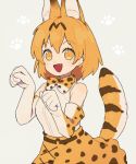  1girl animal_ears bow bowtie commentary elbow_gloves eyebrows_visible_through_hair fang gloves gomi_(kaiwaresan44) high-waist_skirt kemono_friends looking_at_viewer miniskirt orange_eyes orange_hair orange_skirt paw_pose paw_print print_gloves print_skirt serval_(kemono_friends) serval_ears serval_print serval_tail shirt short_hair silver_background skirt sleeveless solo standing striped_tail tail upper_body white_shirt 
