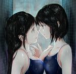  2girls black_hair breasts finger_to_neck hand_on_another&#039;s_shoulder height_difference kakine-666 long_hair looking_at_another medium_breasts multiple_girls original pink_eyes rain school_swimsuit short_hair small_breasts swimsuit tile_wall tiles wet yellow_eyes yuri 