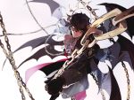  amamiya_ren black_hair blurry chains commentary cravat demon_wings depth_of_field doe_mill domino_mask foreshortening gloves halo highres horns mask persona persona_5 perspective red_eyes smirk white_background wings 