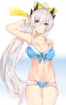  1girl arm_up bangs bikini blue_bikini blush bow breasts cleavage closed_mouth collarbone cowboy_shot eyebrows_visible_through_hair fate/grand_order fate_(series) frilled_bikini frills gluteal_fold hair_between_eyes hair_bow half-closed_eyes hand_in_hair highres kiyohime_(fate/grand_order) kiyohime_(swimsuit_lancer)_(fate) large_breasts long_hair looking_at_viewer navel ponytail red_eyes sidelocks silver_(chenwen) silver_hair smile solo swimsuit thigh_gap thighs very_long_hair yellow_bow 