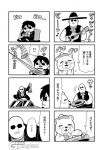  1girl 2boys 4koma :3 acorn bald bear bkub bow bowtie car closed_eyes coin_purse comic goho_mafia!_kajita-kun greyscale ground_vehicle guitar handheld_game_console hat instrument jacket lyrics mafia_kajita monochrome motor_vehicle multiple_boys music musical_note net pillow playing_instrument riding_outfit shirt simple_background sitting sombrero speech_bubble standing_on_car sunglasses talking translation_request white_background 