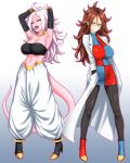  2girls absurdres android_21 anklet black_sclera blue_eyes brown_hair candy dragon_ball dragon_ball_fighterz dual_persona elbow_gloves food full_body glasses gloves highres jewelry labcoat lavender_hair looking_at_viewer macaron majin_android_21 messy_hair multiple_girls pantyhose pink_skin pointy_ears red_eyes st.germain-sal tail tongue tongue_out 