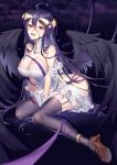  absurdres albedo anklet bare_shoulders between_legs black_hair black_wings boku_koyuki_mx breasts cleavage demon_girl demon_horns demon_wings detached_collar dress fangs feathered_wings feathers frills garter_straps gloves hair_between_eyes hand_between_legs high_heels highres hip_vent horns jewelry large_breasts low_wings open_mouth overlord_(maruyama) sitting skirt slit_pupils strap strapless strapless_dress thigh-highs tongue white_dress white_gloves wings yellow_eyes 