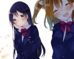 2girls absurdres bangs bjcrk453 blue_hair blush bow bowtie commentary_request eyebrows_visible_through_hair hair_between_eyes hand_on_own_cheek hand_on_own_face highres kousaka_honoka long_sleeves love_live! love_live!_school_idol_project multiple_girls one_side_up open_mouth orange_hair otonokizaka_school_uniform school_uniform simple_background smile sonoda_umi striped_neckwear upper_body yellow_eyes 