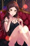  1girl absurdres alternate_costume asato_(fadeless) bare_shoulders black_dress blush breasts brown_eyes brown_hair commentary_request dress gluteal_fold highres idolmaster idolmaster_million_live! idolmaster_million_live!_theater_days kitazawa_shiho long_hair looking_at_viewer nail_polish sitting solo 