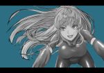  1girl :d absurdres aqua_eyes bangs bent_over bodysuit breasts commentary_request darling_in_the_franxx eyeshadow from_below greyscale hair_between_eyes hairband highres horns large_breasts long_hair looking_at_viewer makeup monochrome open_mouth outstretched_arms pilot_suit simple_background smile solo straight_hair user_yhrt2285 zero_two_(darling_in_the_franxx) 