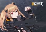  1girl brown_hair clenched_hand eotech fingerless_gloves girls_frontline gloves glowing glowing_eye gun hair_ornament hair_ribbon hairclip hand_gesture long_hair ranger_(mll0101) red_eyes ribbon scar scar_across_eye solo submachine_gun twintails ump9_(girls_frontline) weapon 