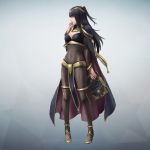  1girl 3d bangle black_hair bodystocking bodysuit bracelet breasts bridal_gauntlets cape circlet cleavage covered_navel fire_emblem fire_emblem:_kakusei fire_emblem_musou jewelry looking_at_viewer official_art simple_background skin_tight solo tharja tiara two_side_up 