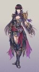  1girl au_ra black_hair breasts cleavage dragon_horns final_fantasy final_fantasy_xiv full_body green_eyes horns long_hair looking_at_viewer medium_breasts ninja_(final_fantasy) pengnangehao scales simple_background solo standing yugiri_mistwalker 