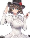  .com_(cu_105) 1girl black_hat braid breasts brown_hair character_request closed_mouth commentary_request fate/grand_order fate_(series) green_eyes hat knife long_sleeves looking_at_another medium_breasts short_hair simple_background single_braid smile solo white_background 