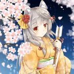  1girl animal_ears arrow bell braid cherry_blossoms commentary_request dog_ears iris_yayoi japanese_clothes jingle_bell kimono long_hair obi orange_eyes original petals sash silver_hair single_braid smile tied_hair tree_branch 