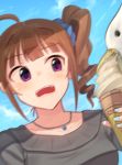  1girl absurdres ahoge bird blurry blush brown_hair collarbone day eyebrows_visible_through_hair food highres ice_cream ice_cream_cone idolmaster idolmaster_million_live! jewelry kamille_(vcx68) looking_at_viewer motion_blur necklace open_mouth outdoors scrunchie seagull short_hair side_drill solo teeth upper_body violet_eyes yokoyama_nao 