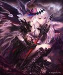 1girl armor armored_boots army asymmetrical_clothes battlefield boots bracer clouds cloudy_sky commentary_request copyright_name cygames dark_jeanne dark_persona demon_wings feathers gloves glowing glowing_eyes hair_ornament highres hisakata_souji holding holding_sword holding_weapon long_hair looking_at_viewer pale_skin red_eyes shadowverse shingeki_no_bahamut single_glove skeleton sky sword weapon white_hair wings 