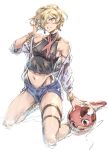  1girl alternate_costume ball bare_shoulders beachball bikini blonde_hair blue_eyes bracelet cordelia_garnet denim denim_shorts earrings granblue_fantasy hair_over_one_eye jewelry kneeling navel short_shorts shorts solo swimsuit thigh_strap vee_(granblue_fantasy) zunta 