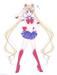  1girl absurdly_long_hair bangs bishoujo_senshi_sailor_moon blue_eyes blue_skirt boots bow brooch buruburu18 choker closed_mouth double_bun elbow_gloves full_body gloves hair_ornament hairclip high_heel_boots high_heels highres jewelry knee_boots long_hair parted_bangs pleated_skirt red_bow red_choker red_footwear sailor_moon skirt solo standing star tsukino_usagi twintails v very_long_hair white_background white_gloves 