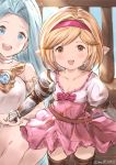  2girls blonde_hair blue_eyes blue_hair brown_eyes collarbone djeeta_(granblue_fantasy) dress gauntlets granblue_fantasy hairband harvin looking_at_viewer lyria_(granblue_fantasy) milli_little multiple_girls open_mouth pointy_ears thigh-highs 