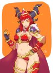  1girl alexstrasza armor bikini bikini_armor black_choker cape choker dragon_girl gauntlets hand_on_hip heroes_of_the_storm highres horn_ornament horns jewelry kim_jin_sung long_eyebrows long_hair looking_at_viewer navel necklace pauldrons red_bikini redhead smile solo strapless strapless_bikini swimsuit tiara warcraft world_of_warcraft yellow_eyes 