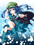  1girl adjusting_clothes adjusting_hat backpack bag black_background black_backpack blue_background blue_eyes blue_footwear blue_hair blue_shirt blue_skirt blush boots commentary_request eyebrows_visible_through_hair gradient gradient_background green_hat hair_bobbles hair_ornament hat highres holding_wrench kawashiro_nitori key looking_at_viewer pouch puffy_short_sleeves puffy_sleeves ruu_(tksymkw) shirt short_hair short_sleeves skirt smile solo touhou two_side_up white_background 