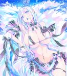  1girl armpits bare_shoulders bikini blue_eyes breasts cleavage detached_sleeves ear_piercing groin hat large_breasts long_hair looking_at_viewer mila_(yuta27315) navel navel_piercing open_mouth original piercing pointy_ears solo swimsuit white_hair 