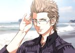  1boy adjusting_eyewear brown_hair final_fantasy final_fantasy_xv glasses green_eyes hair_up highres ignis_scientia jewelry looking_at_viewer male_focus nae_(mzxt3557) necklace solo 