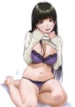  1girl bangs bare_legs barefoot black_hair blunt_bangs blush bra breasts brown_eyes clothes_lift hands_on_own_chest highres kamiyama_aya large_breasts lifted_by_self long_hair long_sleeves looking_at_viewer navel no_pants open_mouth original panties purple_bra purple_panties simple_background sitting smile solo sweater sweater_lift underwear white_background white_sweater 