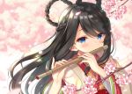  1girl bangs black_hair blue_eyes blurry blurry_background blush braid commentary_request covered_mouth depth_of_field eyebrows_visible_through_hair fingernails flower flute hair_rings holding holding_instrument instrument japanese_clothes kimono layered_clothing layered_kimono long_hair long_sleeves looking_at_viewer music nagisa3710 original petals pink_flower playing_flute playing_instrument print_kimono solo very_long_hair wide_sleeves yellow_kimono 