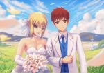  1boy 1girl ahoge artoria_pendragon_(all) blue_vest bouquet bow braid brown_eyes choker commentary dress elbow_gloves emiya_shirou excalibur fate/stay_night fate_(series) fateline_alpha flower formal gloves hair_bow husband_and_wife locked_arms redhead saber short_hair smile suit vest wedding_dress white_bow white_suit 