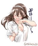  1girl :d ^_^ ^o^ arm_up ashigara_(kantai_collection) blush breasts brown_hair cleavage closed_eyes collarbone collared_shirt cup dress_shirt drinking_glass ebifurya facing_viewer glass hair_between_eyes hairband highres holding holding_drinking_glass kantai_collection lips long_hair medium_breasts open_clothes open_mouth saliva shirt short_sleeves simple_background sleeves_rolled_up smile solo translation_request twitter_username upper_body v-shaped_eyebrows white_background white_hairband white_shirt wing_collar 