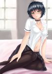  1girl bed_sheet black_hair black_legwear black_skirt blush choker collarbone eyebrows_visible_through_hair green_eyes highres navel no_bra on_bed original pantyhose plaid plaid_skirt shirt short_hair short_sleeves sitting sitting_on_bed skirt solo white_shirt window wobblekun 