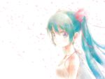  1girl aqua_eyes aqua_hair breasts cleavage earrings hair_ornament halter_top halterneck hatsune_miku jewelry kowiru long_hair looking_at_viewer petals profile small_breasts smile solo stud_earrings tattoo twintails upper_body vocaloid wind 