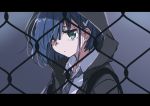  1girl black_hoodie black_neckwear blue_hair closed_mouth collared_shirt darling_in_the_franxx expressionless gradient gradient_background green_eyes grey_background hair_ornament hair_over_one_eye hairclip highres hood hood_up hoodie ichigo_(darling_in_the_franxx) letterboxed looking_at_viewer matsuda_hikari necktie open_clothes open_hoodie shirt short_hair solo striped_neckwear upper_body white_shirt wing_collar 