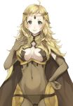  1girl ahoge blonde_hair bodysuit breasts cleavage_cutout cloak covered_navel fire_emblem fire_emblem_if grey_eyes hand_on_hip jurge long_hair looking_at_viewer medium_breasts ophelia_(fire_emblem_if) simple_background skin_tight smile solo upper_body wavy_hair white_background 