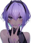  1girl bangs bare_shoulders black_hairband daimaou_ruaeru dark_skin eyebrows_visible_through_hair fate/prototype fate/prototype:_fragments_of_blue_and_silver fate_(series) hairband hassan_of_serenity_(fate) highres lips looking_at_viewer nail_polish own_hands_together purple_hair purple_nails shiny shiny_hair short_hair simple_background sleeveless solo upper_body v violet_eyes white_background 