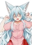  1girl :d animal_ears blue_hair closed_eyes commentary_request eyebrows_visible_through_hair facing_viewer fingernails fox_ears fox_girl grey_hair hands_up highres long_hair open_mouth original pink_shirt red_skirt shirt silver_hair simple_background skirt smile solo upper_body waichi white_background 