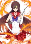  bishoujo_senshi_sailor_moon brown_hair choker collarbone covered_navel cyicheng fire flame gloves hino_rei long_hair looking_to_the_side miniskirt pleated_skirt sailor_collar sailor_mars skirt smile violet_eyes 