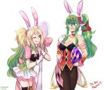  2girls ahoge animal_ears artist_request blush breasts bunny_girl bunny_tail bunnysuit chiki detached_collar egg fake_animal_ears fire_emblem fire_emblem:_kakusei fire_emblem:_mystery_of_the_emblem fire_emblem_heroes fishnet_pantyhose fishnets gloves green_eyes green_hair highres leotard long_hair mamkute multiple_girls nowi_(fire_emblem) older open_mouth pantyhose pointy_ears ponytail rabbit_ears smile tail tiara violet_eyes wrist_cuffs 